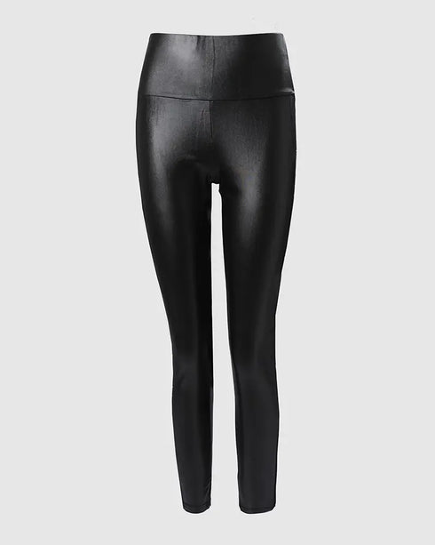 Rhinestone Contrast Mesh High Waist Skinny Pants Sexy Slim Fit Pu Leather Pants black