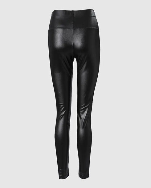 Rhinestone Contrast Mesh High Waist Skinny Pants Sexy Slim Fit Pu Leather Pants black