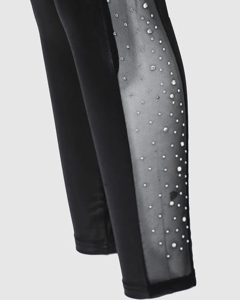 Rhinestone Contrast Mesh High Waist Skinny Pants Sexy Slim Fit Pu Leather Pants black