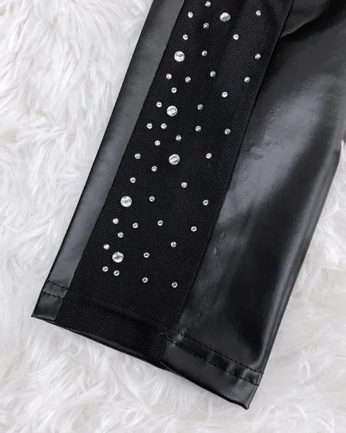 Rhinestone Contrast Mesh High Waist Skinny Pants Sexy Slim Fit Pu Leather Pants black