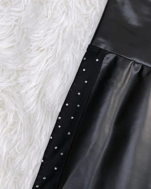 Rhinestone Contrast Mesh High Waist Skinny Pants Sexy Slim Fit Pu Leather Pants black