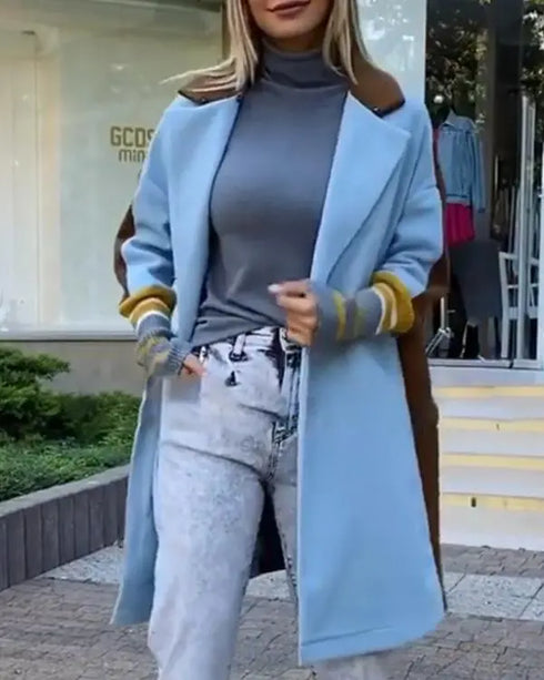 Color Block Long Trench Coat Single Breasted Detachable Fuzzy Leopard Pattern Lapel Overcoat sky blue