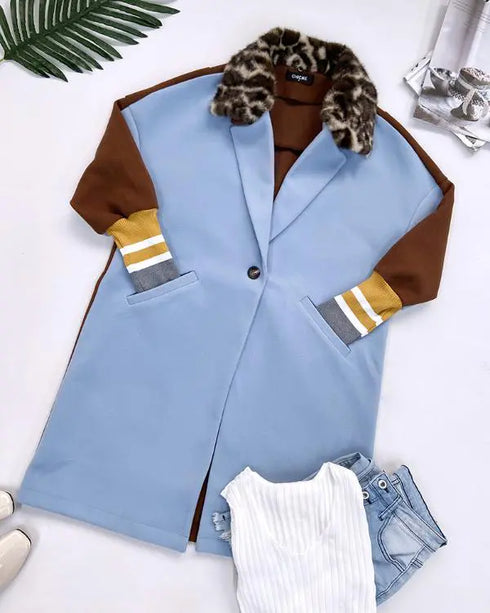 Color Block Long Trench Coat Single Breasted Detachable Fuzzy Leopard Pattern Lapel Overcoat sky blue