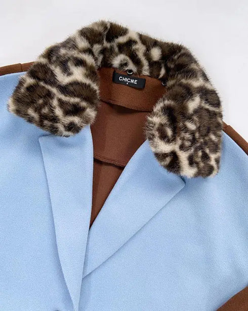 Color Block Long Trench Coat Single Breasted Detachable Fuzzy Leopard Pattern Lapel Overcoat sky blue