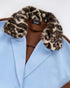 Color Block Long Trench Coat Single Breasted Detachable Fuzzy Leopard Pattern Lapel Overcoat sky blue