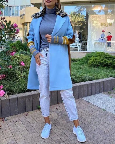 Color Block Long Trench Coat Single Breasted Detachable Fuzzy Leopard Pattern Lapel Overcoat sky blue