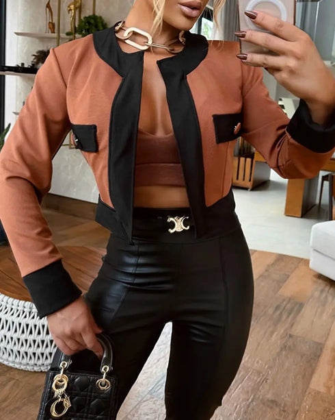 2 Pieces Outfit Colorblock Open Front Cropped Jacket with Spaghetti Strap Bandeau brown