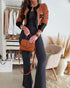 2 Pieces Outfit Colorblock Open Front Cropped Jacket with Spaghetti Strap Bandeau brown