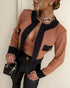 2 Pieces Outfit Colorblock Open Front Cropped Jacket with Spaghetti Strap Bandeau brown