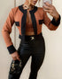 2 Pieces Outfit Colorblock Open Front Cropped Jacket with Spaghetti Strap Bandeau brown