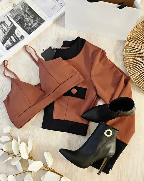 2 Pieces Outfit Colorblock Open Front Cropped Jacket with Spaghetti Strap Bandeau brown