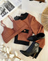 2 Pieces Outfit Colorblock Open Front Cropped Jacket with Spaghetti Strap Bandeau brown