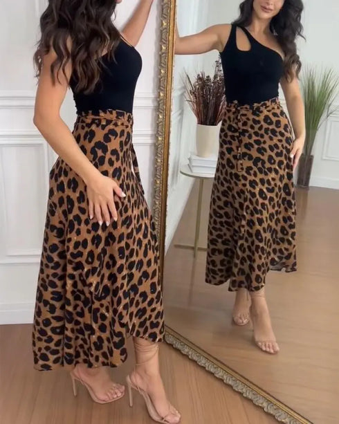 PU Leather Wrap Lace-Up Casual Mid-Length Skirt Work Skirt Leopard