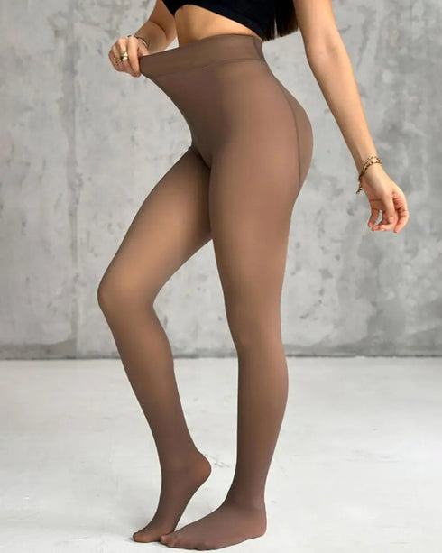 Fleece Lined Tummy Control Butt Lifter Tights Fake Translucent Thermal High Waist Pantyhose Tights Leggings brown