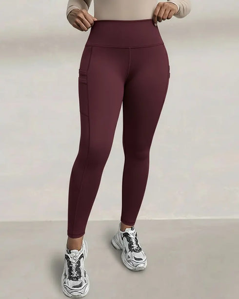 Winter Warm High Waisted Workout Athletic Leggings Tummy Control Butt Lifting Ultra Soft Thermal Lined Yoga Pants Women's Sportswear with Stacked Slit Pockets On Side Wine red