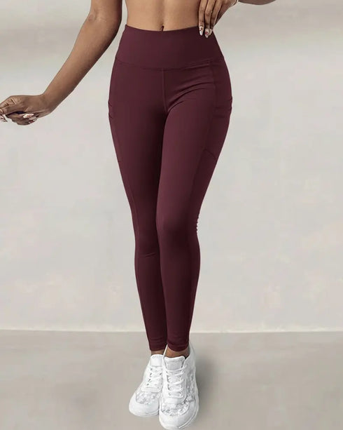 Winter Warm High Waisted Workout Athletic Leggings Tummy Control Butt Lifting Ultra Soft Thermal Lined Yoga Pants Women's Sportswear with Stacked Slit Pockets On Side Wine red