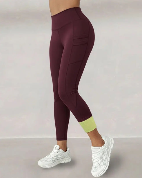 Winter Warm High Waisted Workout Athletic Leggings Tummy Control Butt Lifting Ultra Soft Thermal Lined Yoga Pants Women's Sportswear with Stacked Slit Pockets On Side Wine red