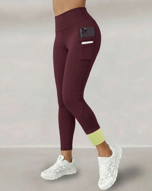 Winter Warm High Waisted Workout Athletic Leggings Tummy Control Butt Lifting Ultra Soft Thermal Lined Yoga Pants Women's Sportswear with Stacked Slit Pockets On Side Wine red