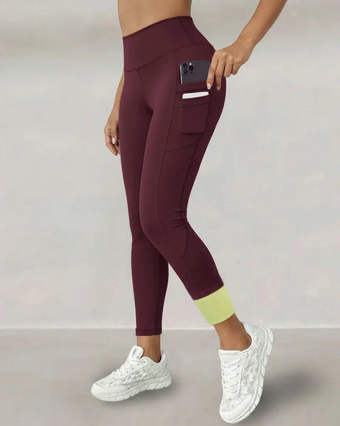 Winter Warm High Waisted Workout Athletic Leggings Tummy Control Butt Lifting Ultra Soft Thermal Lined Yoga Pants Women's Sportswear with Stacked Slit Pockets On Side Wine red