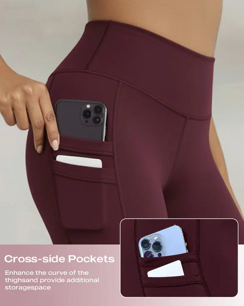 Winter Warm High Waisted Workout Athletic Leggings Tummy Control Butt Lifting Ultra Soft Thermal Lined Yoga Pants Women's Sportswear with Stacked Slit Pockets On Side Wine red