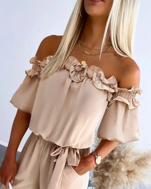 Off Shoulder Frill Hem Tied Detail Jumpsuit Apricot