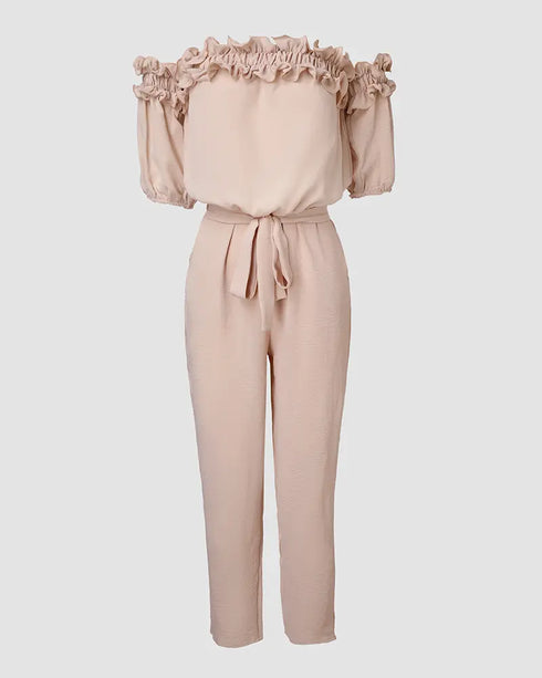Off Shoulder Frill Hem Tied Detail Jumpsuit Apricot