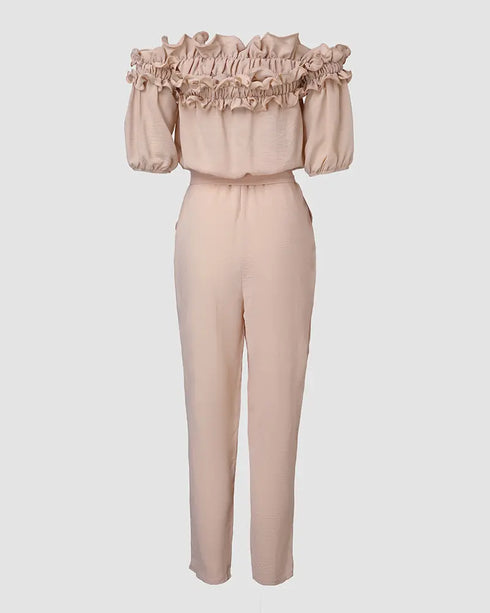 Off Shoulder Frill Hem Tied Detail Jumpsuit Apricot