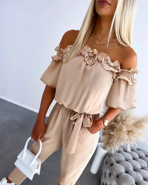 Off Shoulder Frill Hem Tied Detail Jumpsuit Apricot
