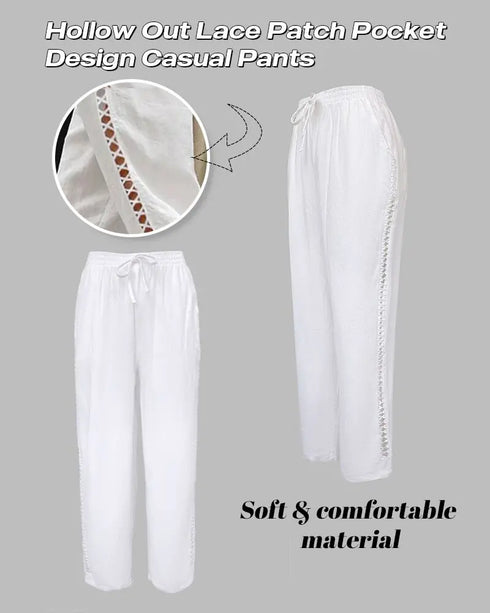 Hollow Out Lace Patch Pocket Design Casual Pants white