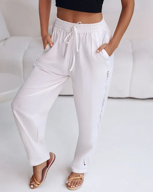 Hollow Out Lace Patch Pocket Design Casual Pants white