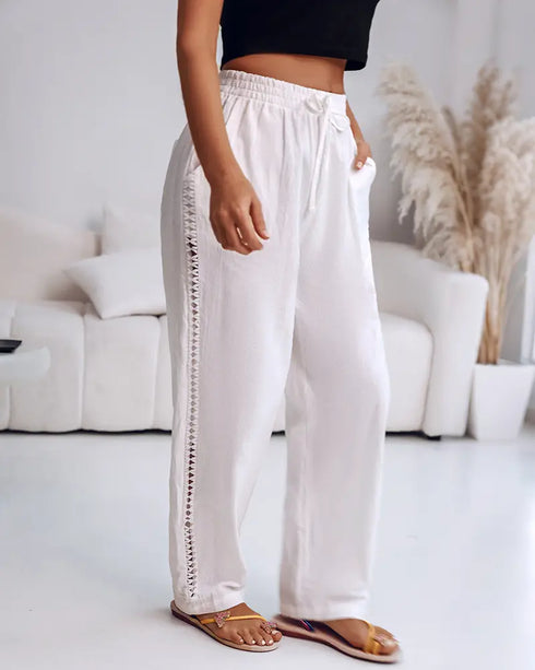 Hollow Out Lace Patch Pocket Design Casual Pants white