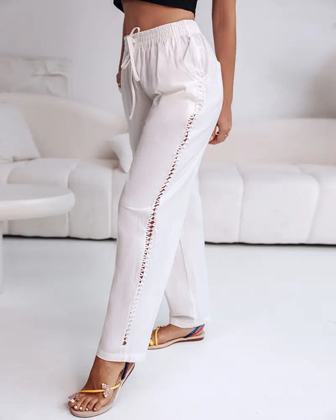 Hollow Out Lace Patch Pocket Design Casual Pants white