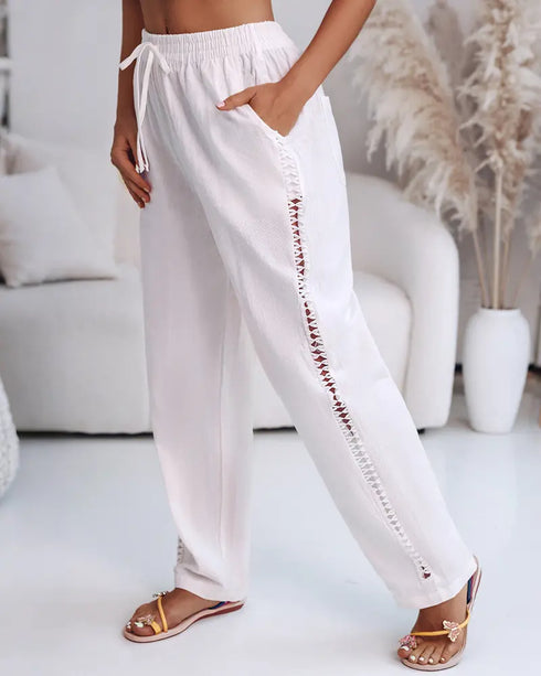 Hollow Out Lace Patch Pocket Design Casual Pants white