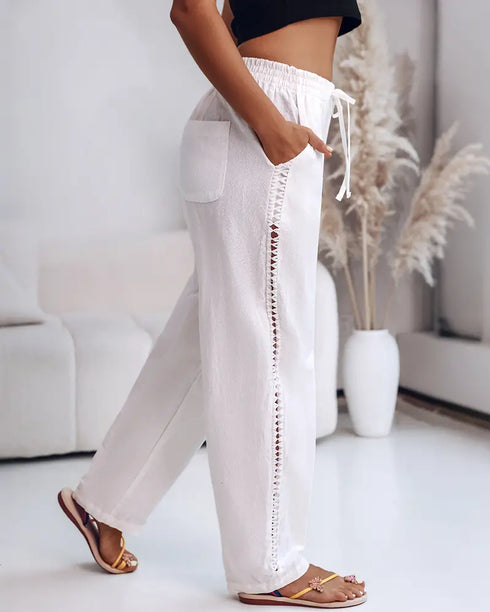Hollow Out Lace Patch Pocket Design Casual Pants white