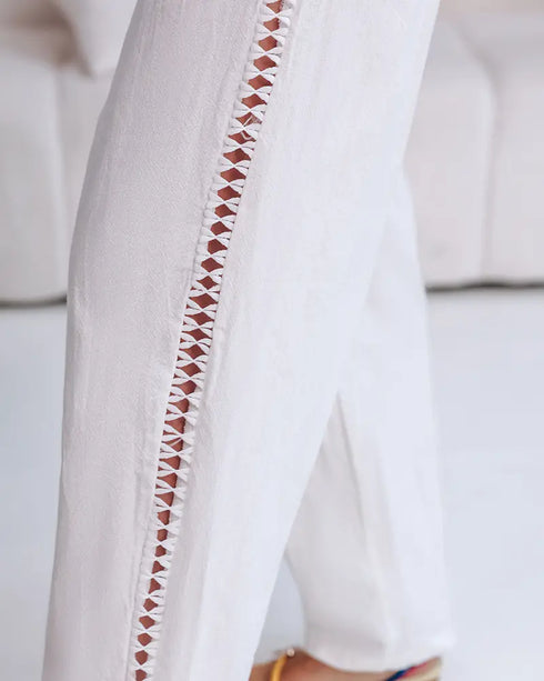 Hollow Out Lace Patch Pocket Design Casual Pants white
