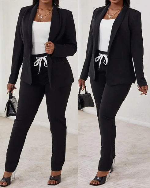 2 Piece Blazer Notched Collar Plaid Print Coat Drawstring Pants Set with Pockets Casual Suits black