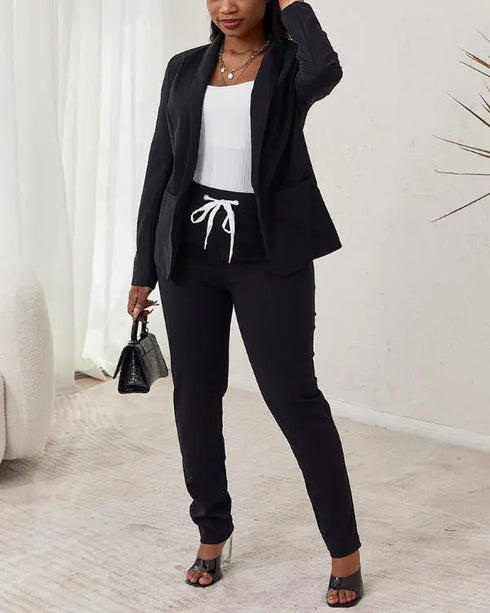 2 Pieces Outfit Shawl Collar Single Breasted Pockets Design Blazer Coat and Drawstring Elastic Waist Slim Fit Pants Set black