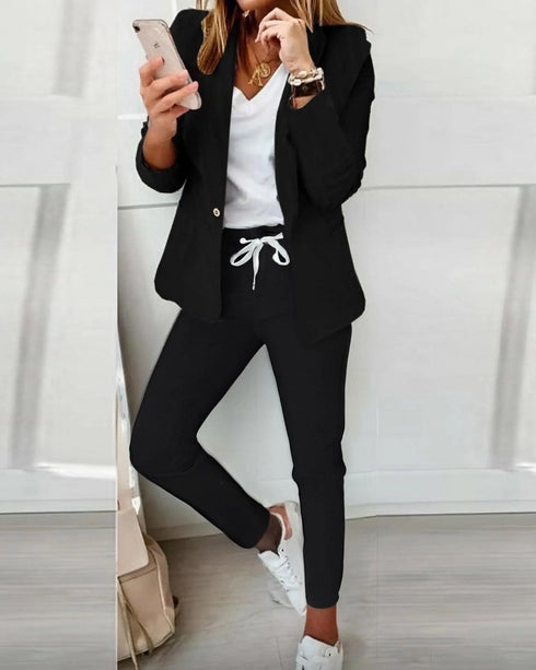 2 Piece Blazer Notched Collar Plaid Print Coat Drawstring Pants Set with Pockets Casual Suits black