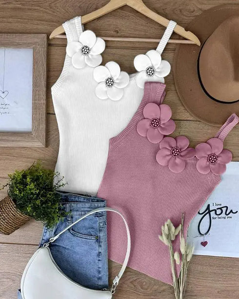 1PC Floral Pattern Beaded Decor Knit Tank Top Sleeveless Shirt white