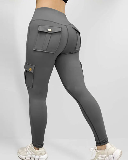 High Waist Tummy Control Butt Lifting Denim Look Leggings Stretchy Yoga Pants with Flap Pockets gray