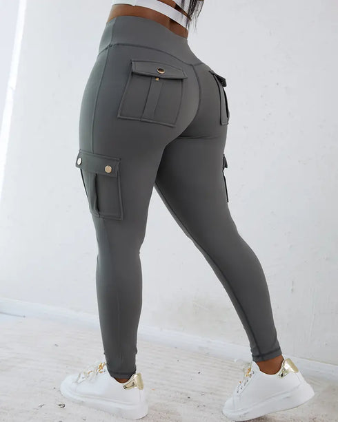 Camouflage Print High Waist Skinny Leggings with Cargo Flap Pockets Casual Pants gray