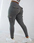 High Waist Tummy Control Butt Lifting Denim Look Leggings Stretchy Yoga Pants with Flap Pockets gray