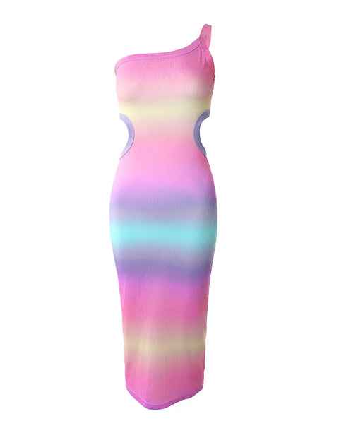 Ombre One Shoulder Cutout Ribbed Bodycon Dress Multicolor