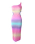 Ombre One Shoulder Cutout Ribbed Bodycon Dress Multicolor