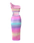Ombre One Shoulder Cutout Ribbed Bodycon Dress Multicolor