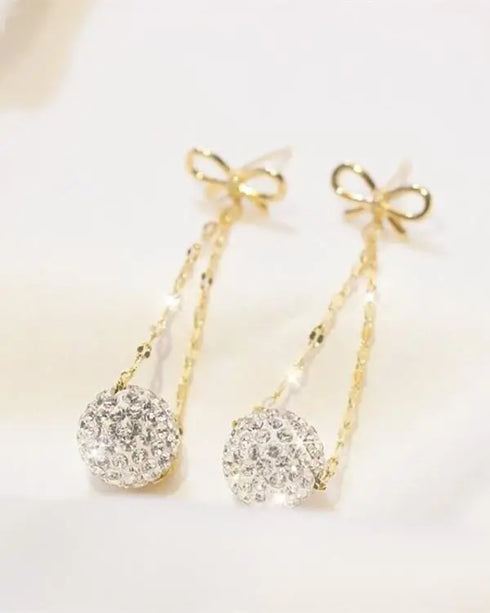 1Pair Bowknot Ball Pattern Rhinestone Drop Earrings silver