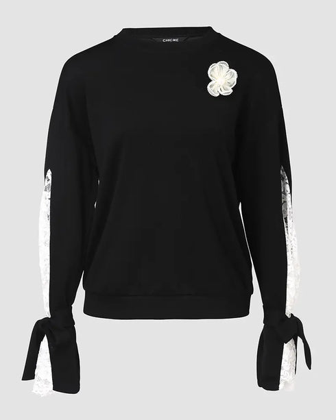 Colorblock Floral Pattern Tied Long Sleeve Lace Patch Sweatshirt black
