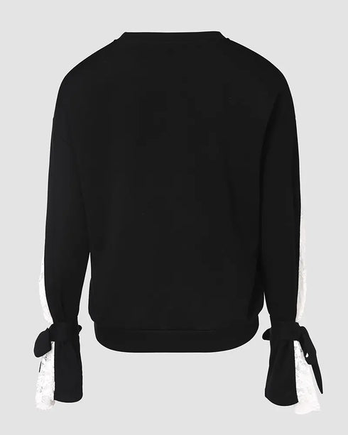 Colorblock Floral Decor Lace Patch Sweatshirt Dress black