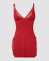 Ribbed V-Neck Spaghetti Strap Contrast Lace Bowknot Decor Mini Sleepdress Slit Nightgown Wine red