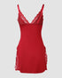 Ribbed V-Neck Spaghetti Strap Contrast Lace Bowknot Decor Mini Sleepdress Slit Nightgown Wine red